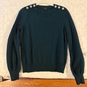 J. Crew Green Crewneck Sweater with Embellished Shoulders, Small